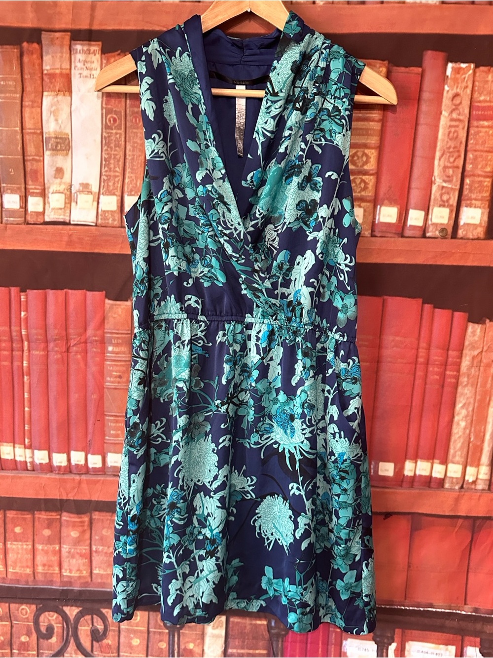Kensie Faux Wrap Floral Dress Sleeveless Navy Teal Fit & Flare Medium pockets
